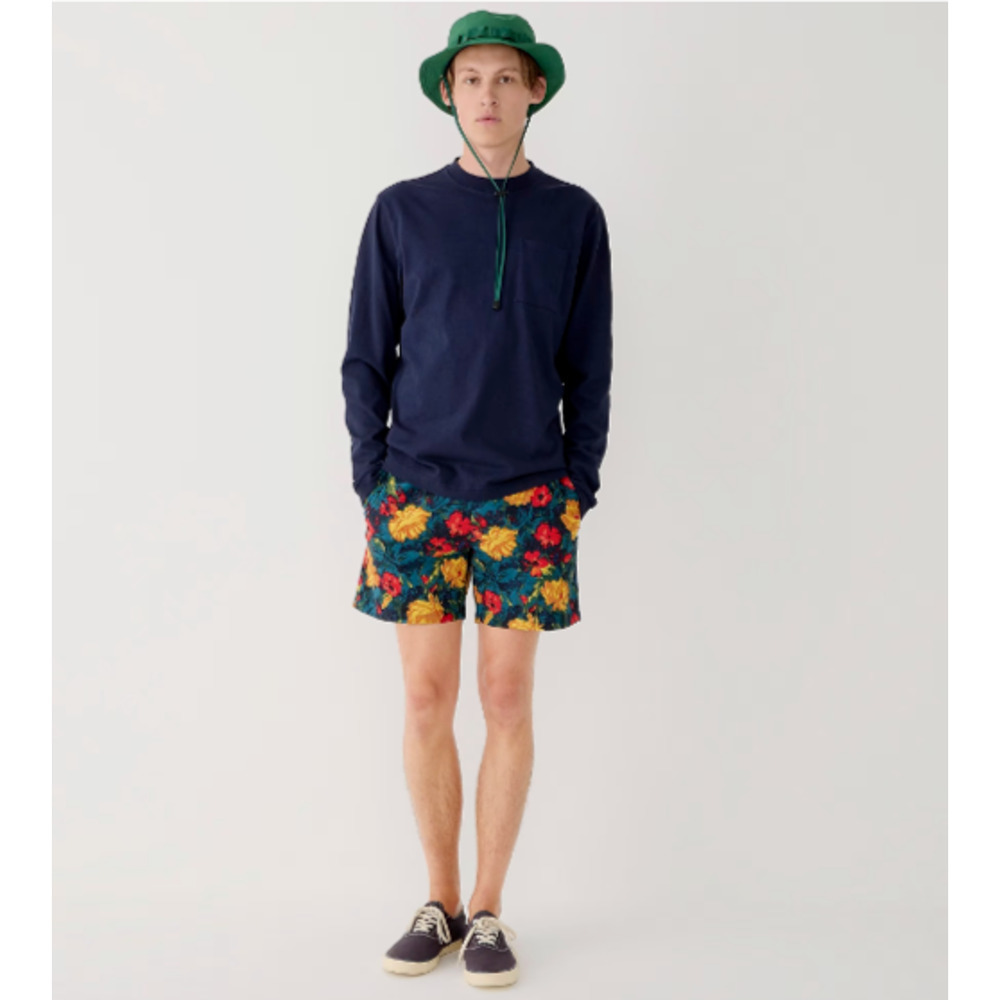 J. Crew Mens Stretch Swim Trunk in Floral Print, Floral Green Sz XL